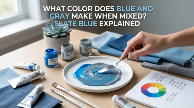 Blue and gray paint mixed together creating a slate blue shade in a color mixing guide