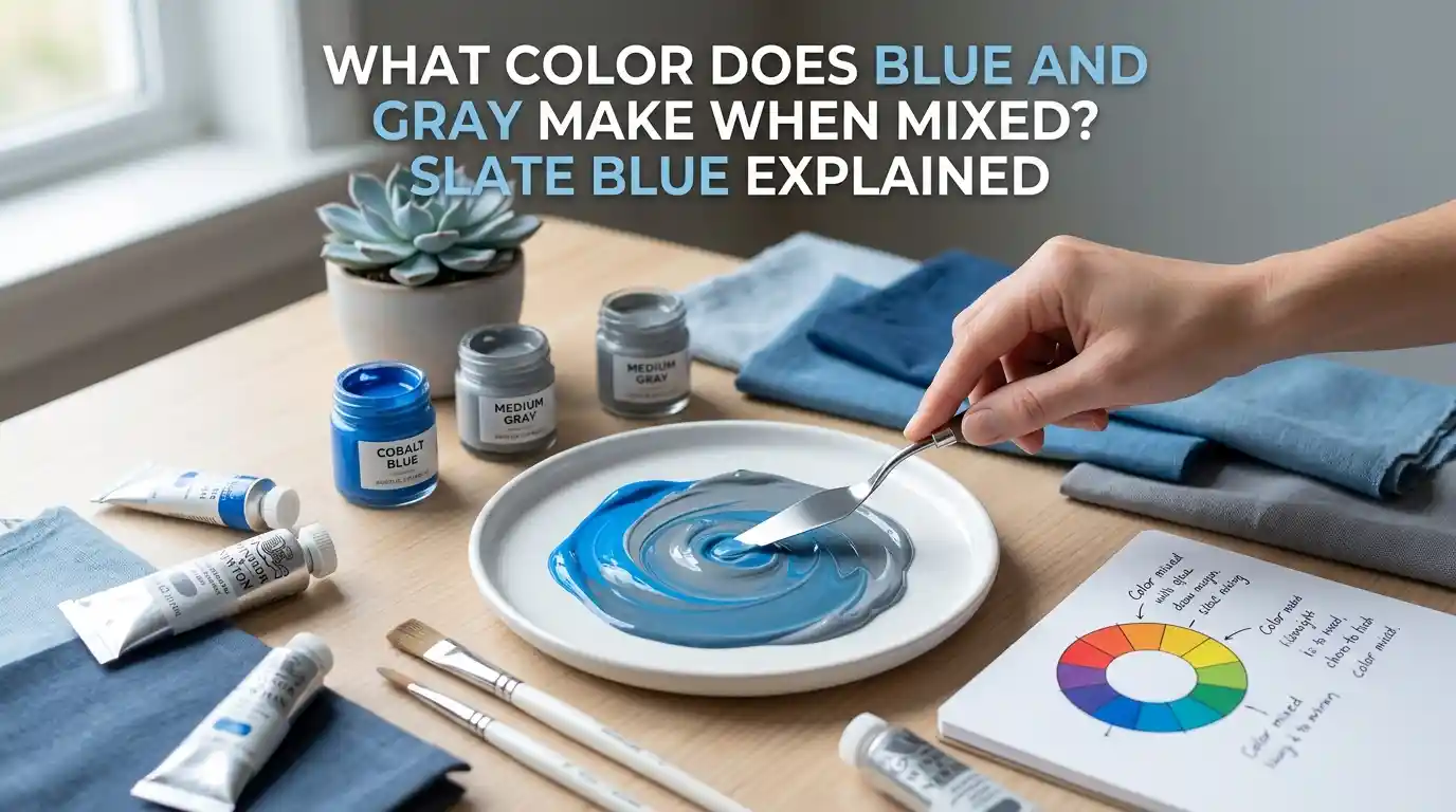 Blue and gray paint mixed together creating a slate blue shade in a color mixing guide