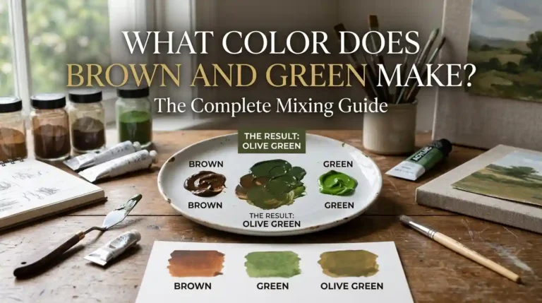 Brown and green paint mixed together showing the resulting earthy green shade