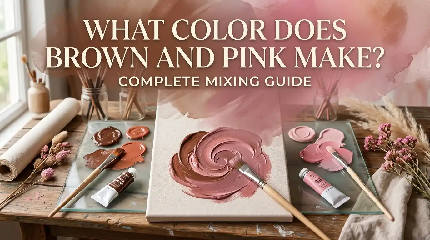 Color mixing chart showing the result of combining brown and pink paint to create dusty rose, mauve, and muted pink shades.