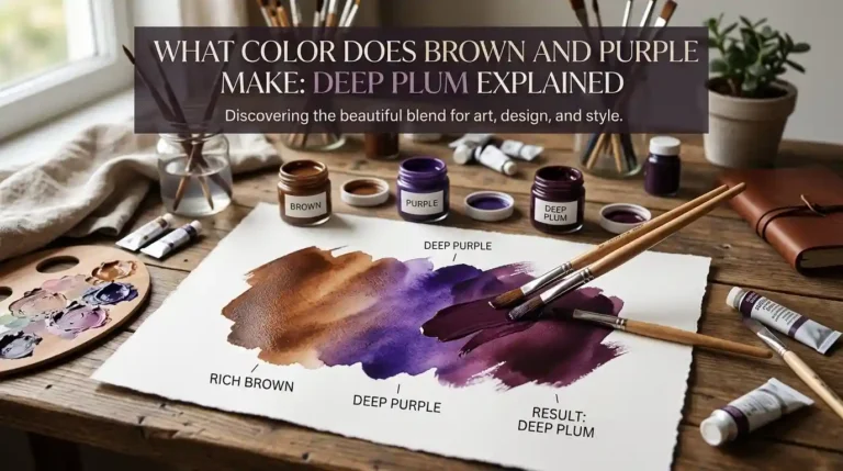 Brown and purple paint mixed together creating a deep plum shade in a color mixing guide