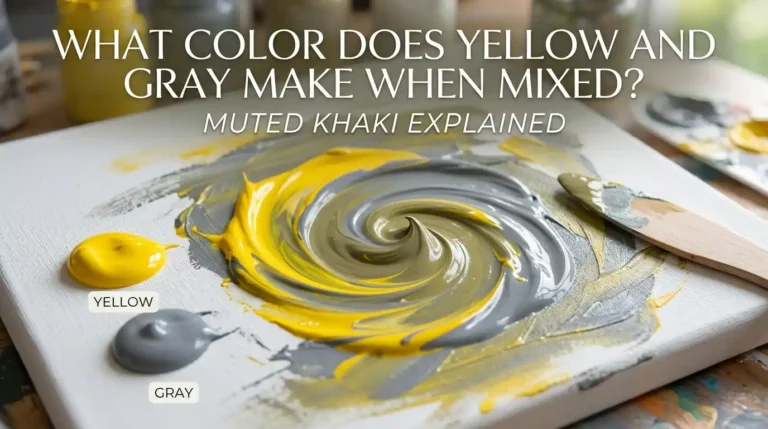 Yellow and gray paint mixed together creating a muted khaki shade in a color mixing guide