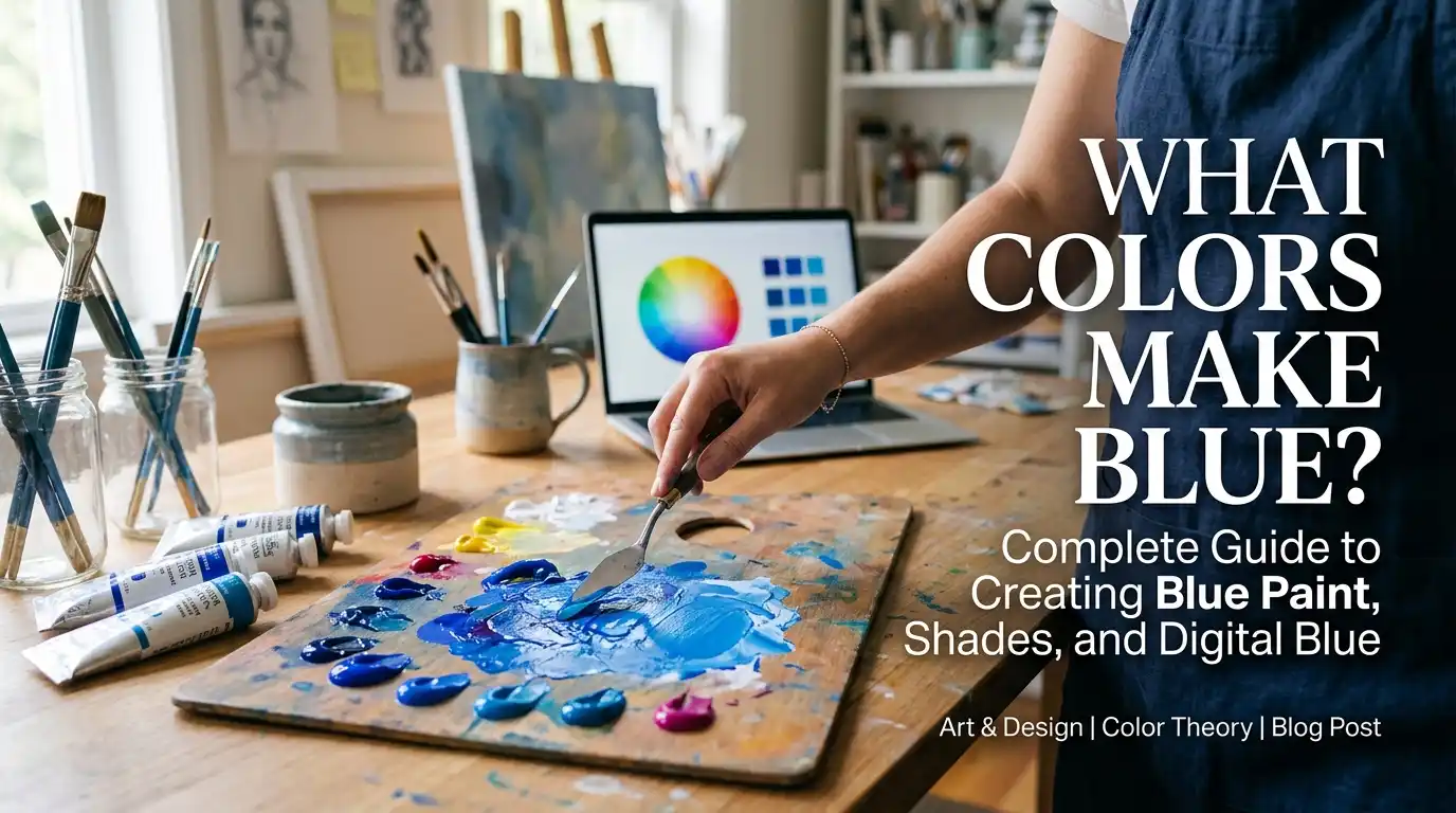 What colors make blue paint mixing guide showing primary colors, blue shades, and color swatches