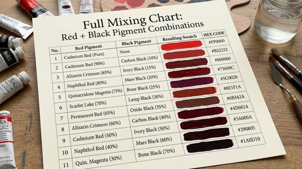 Full Mixing Chart: Red + Black Pigment Combinations