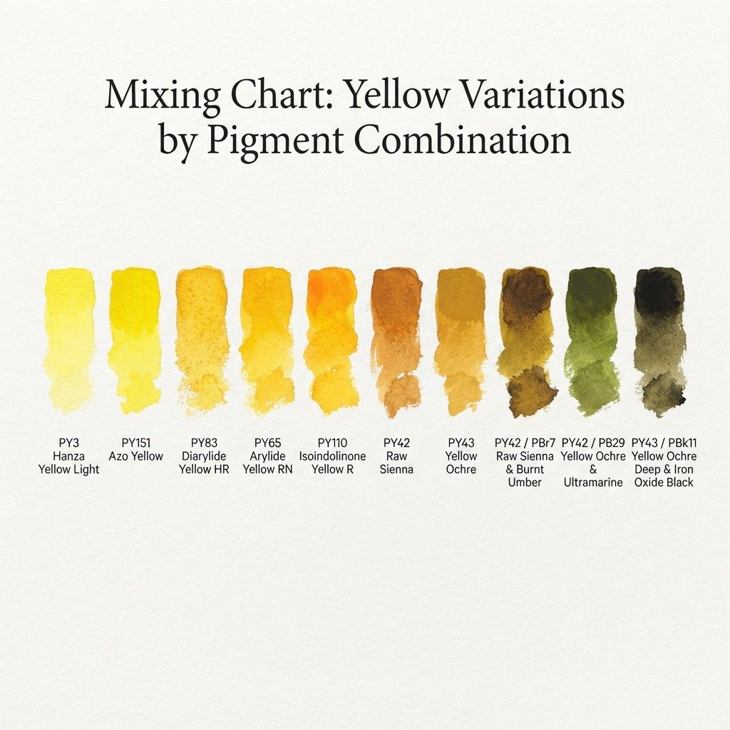 Mixing Chart: Yellow Variations by Pigment Combination