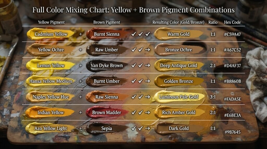 Full Color Mixing Chart: Yellow + Brown Pigment Combinations