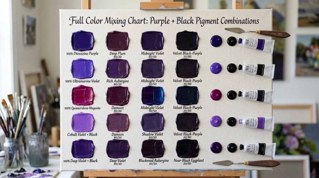 Full Color Mixing Chart: Purple + Black Pigment Combinations
