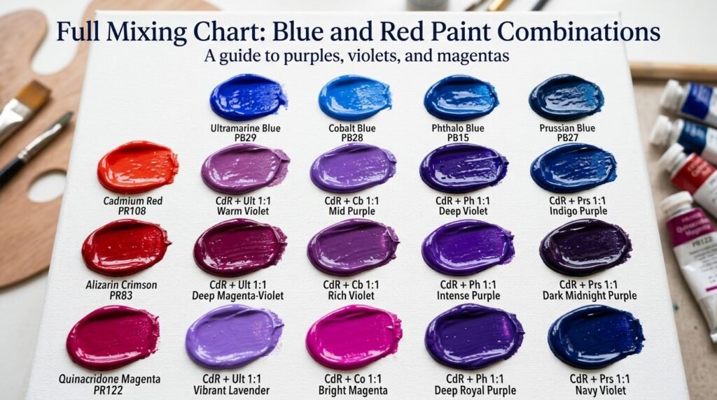 Full Mixing Chart: Blue and Red Paint Combinations