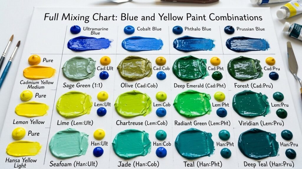 Full Mixing Chart: Blue and Yellow Paint Combinations