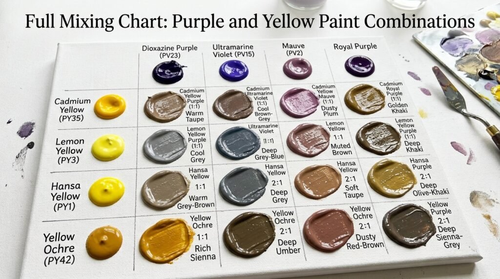 Full Mixing Chart: Purple and Yellow Paint Combinations