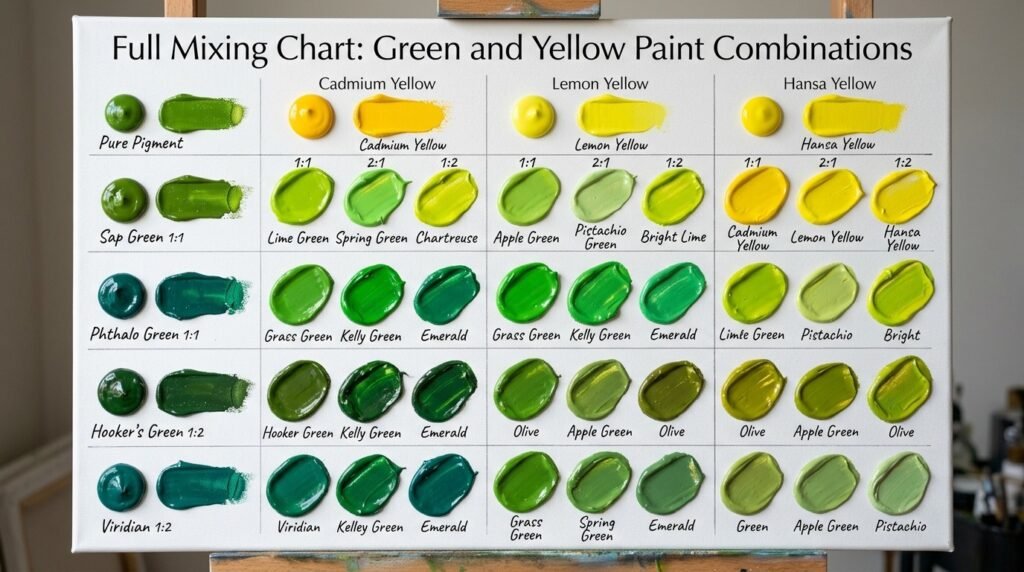 Full Mixing Chart: Green and Yellow Paint Combinations
