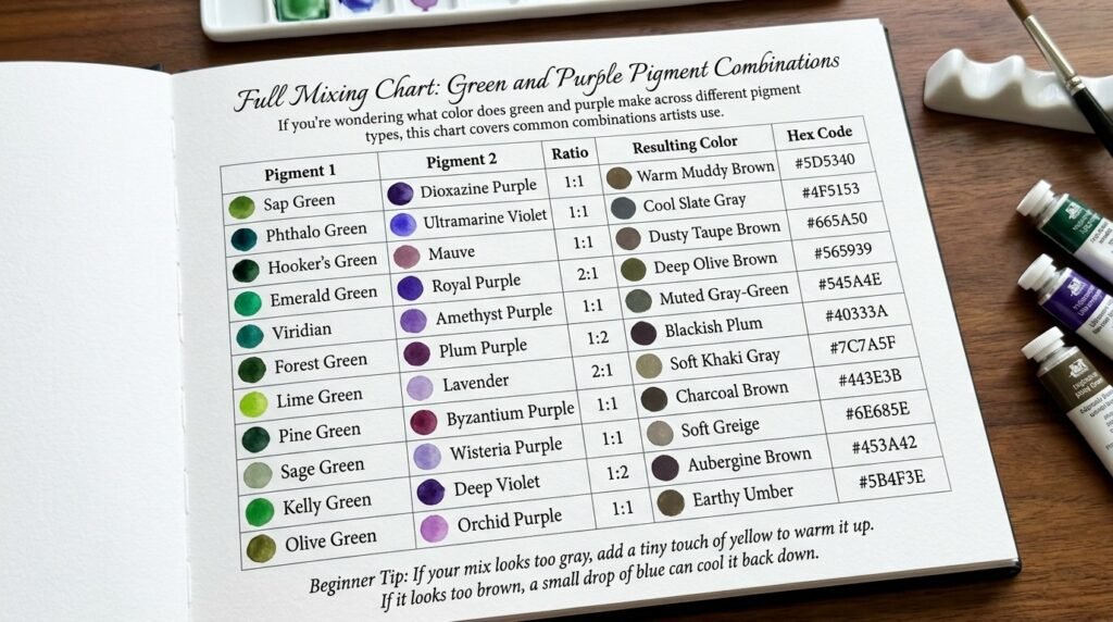 Full Mixing Chart: Green and Purple Pigment Combinations