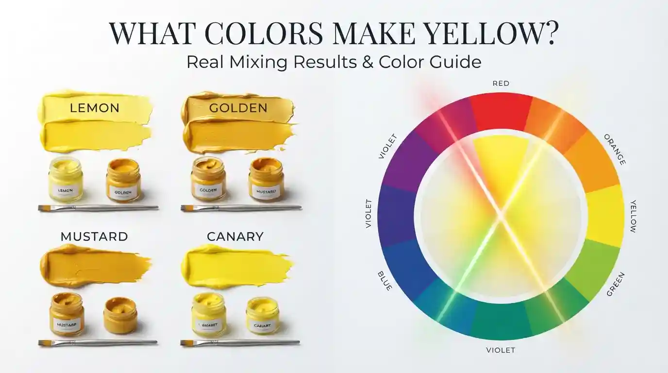 Color mixing chart showing how yellow behaves in paint, light, and color theory with real mixing examples.